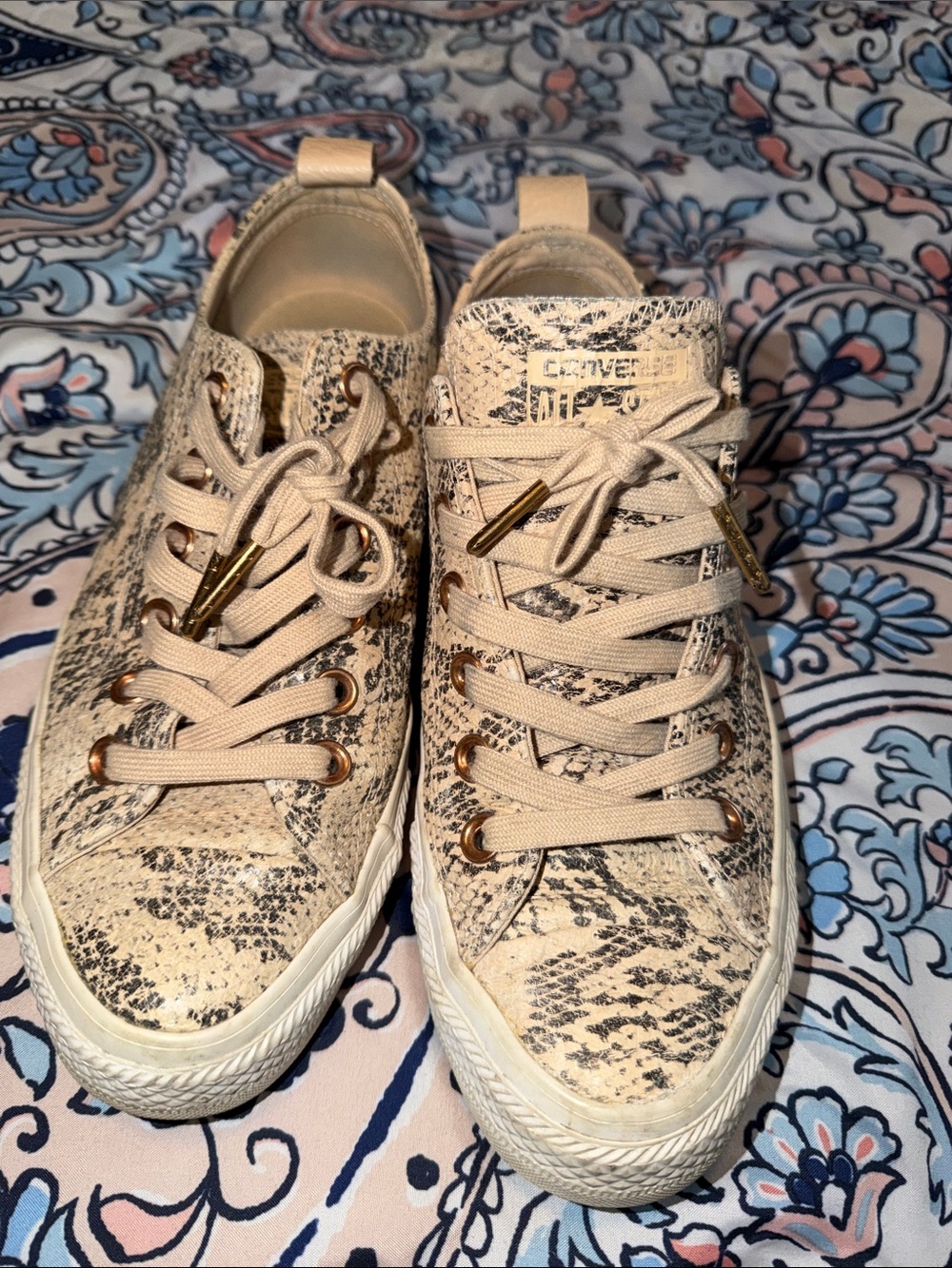 Converse Women’s Cream Snakeskin Low-Top Sneakers with Gold Accents